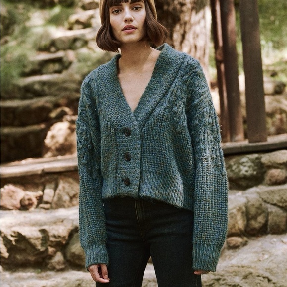 The GREAT. The Frond Montana Cardigan Green Pine Needle Shimmer oversized Sz S - Picture 15 of 15